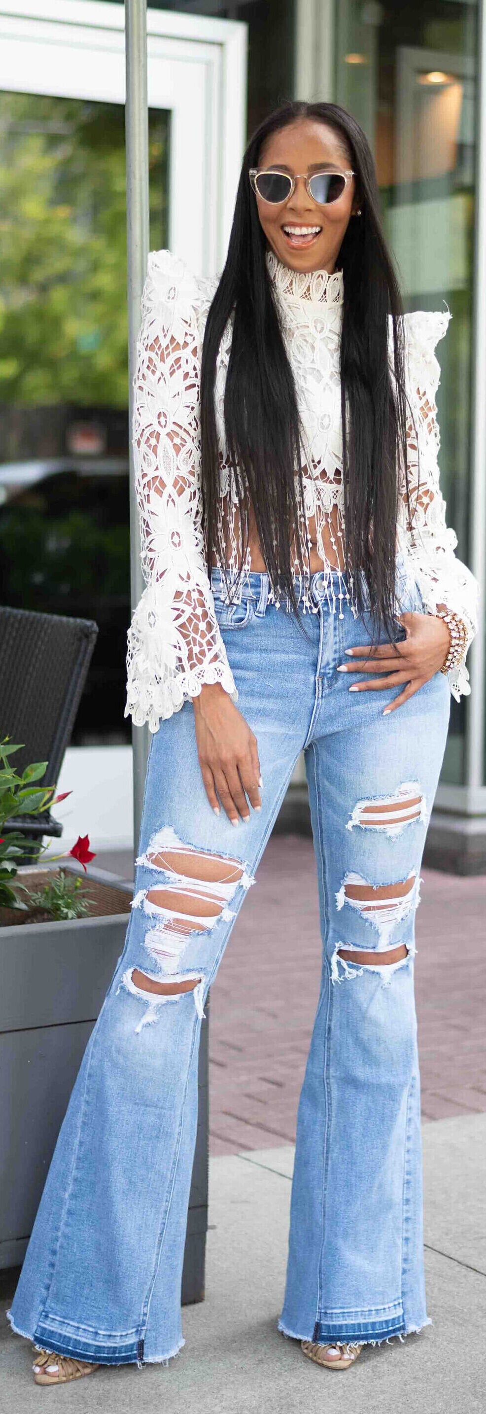 Bell-bottom jeans & tied jeans shirt  Street fashion – Fashion blog by  Glamourina – Fashion blog, beauty, & lifestyle