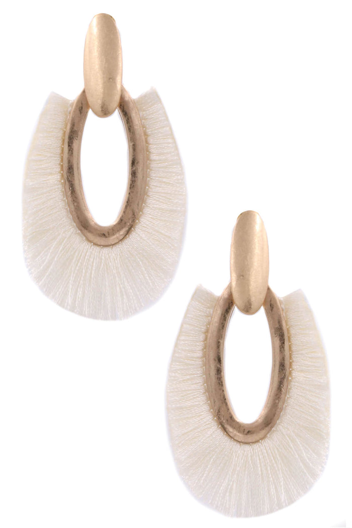 ZJE- Hammered Metal Oval Cotton Fringe Earrings